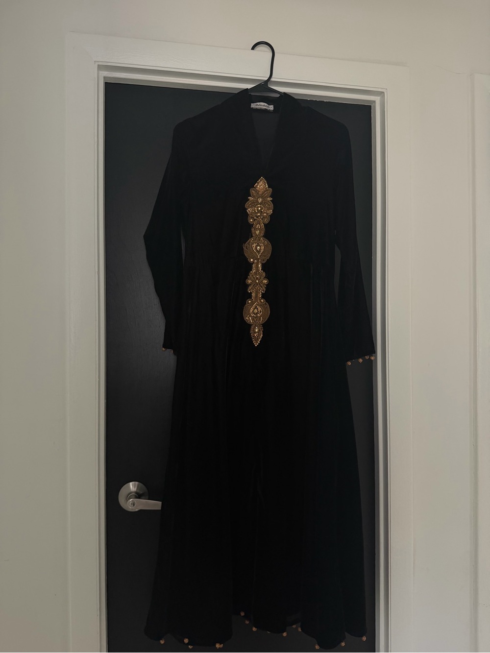 Black Velvet Long Sleeve Dress with Gold Embroidered Front Pakistani/Indian Gown